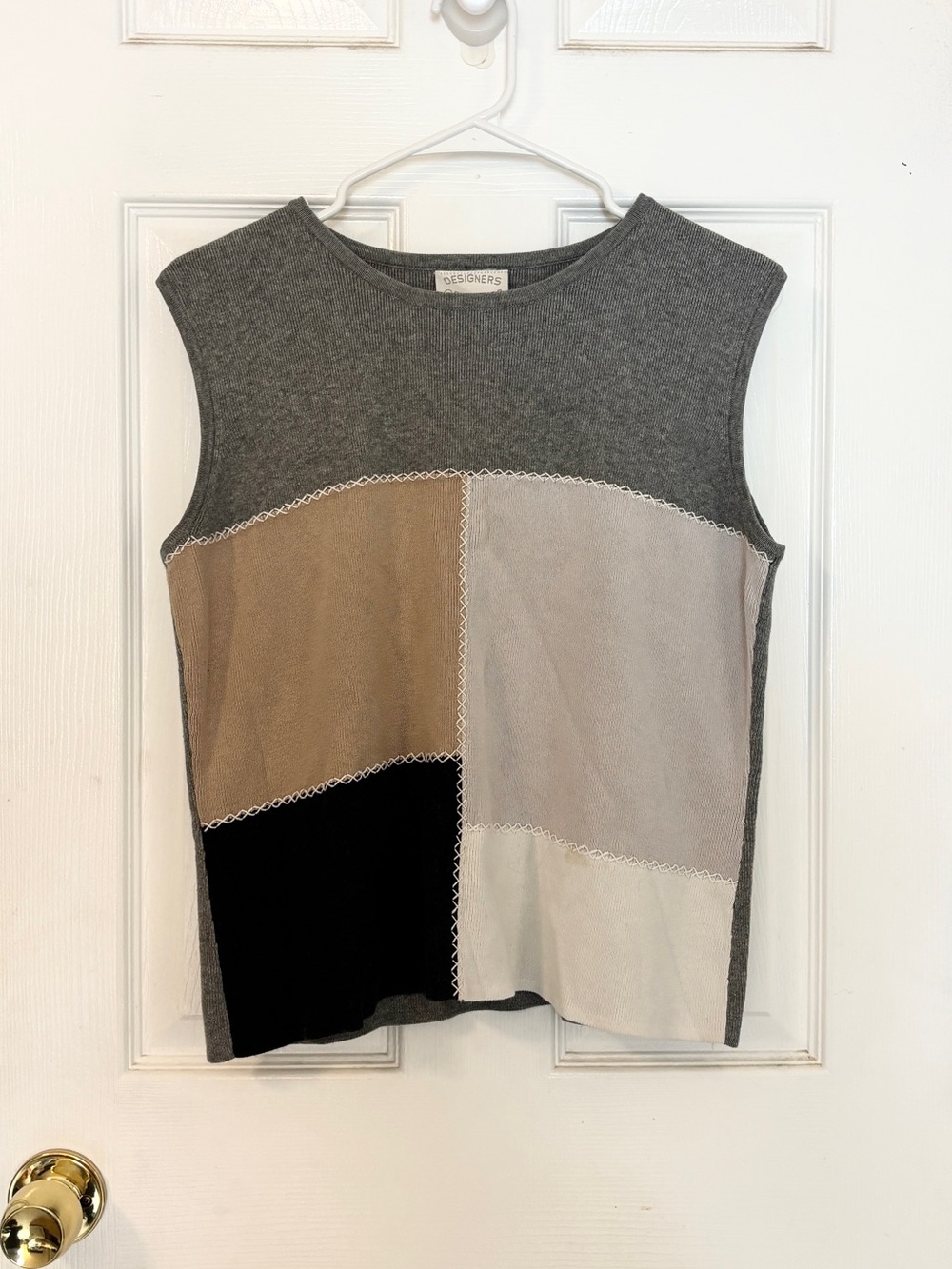 Designers Originals Patchwork Sleeveless Knit Top - Gray, Tan, Black, Cream